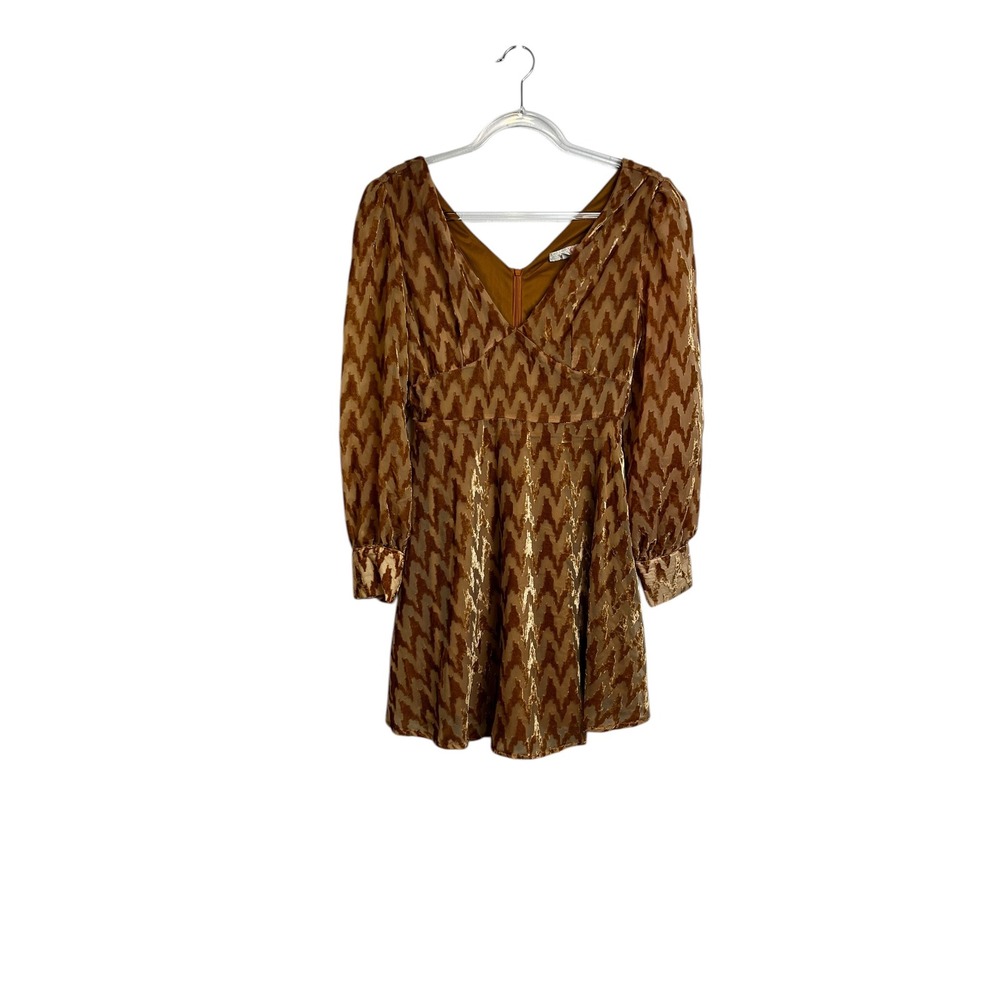 GB Gold Velvet Burnout Chevron V-Neck Long Sleeve Mini Dress Size M - Picture 4 of 13
